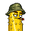 Cucumber in a green bucket hat smoking a cigar