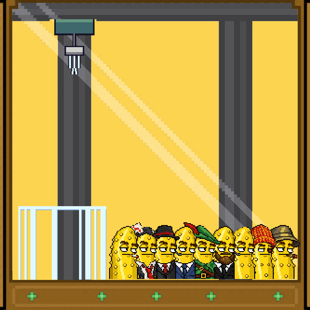 Animated claw machine picking Robin, the green-hatted cucumber broker, out of a crowd of brokers and dropping him in the prize chute